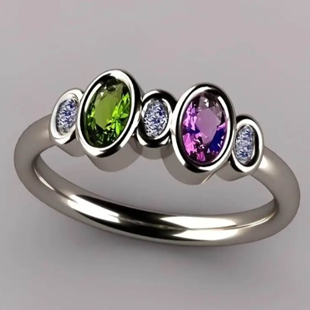🌟🆕Elegant 5 💍 Zircon (Amethyst & Green Sapphire) 925 Silver Plated Ring: Size 8